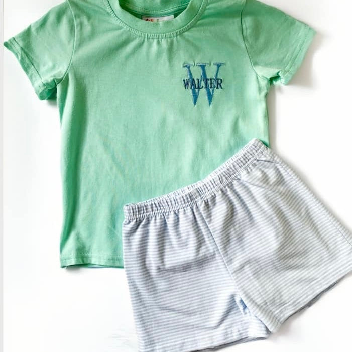 6 Months - Mint Green Shirt & Stripes Shorts Set