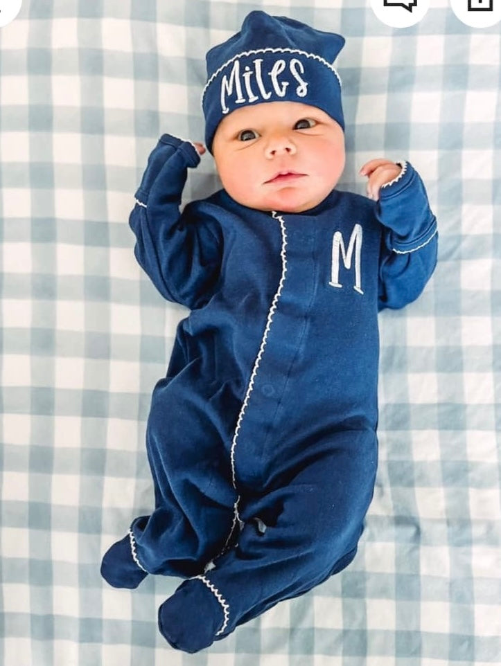 0/3m - Navy Blue Footie & Hat Set