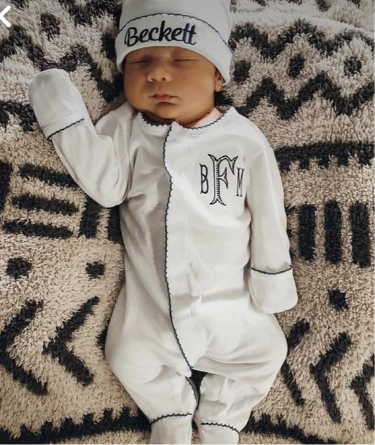 Navy Picot Trim Footie & Hat