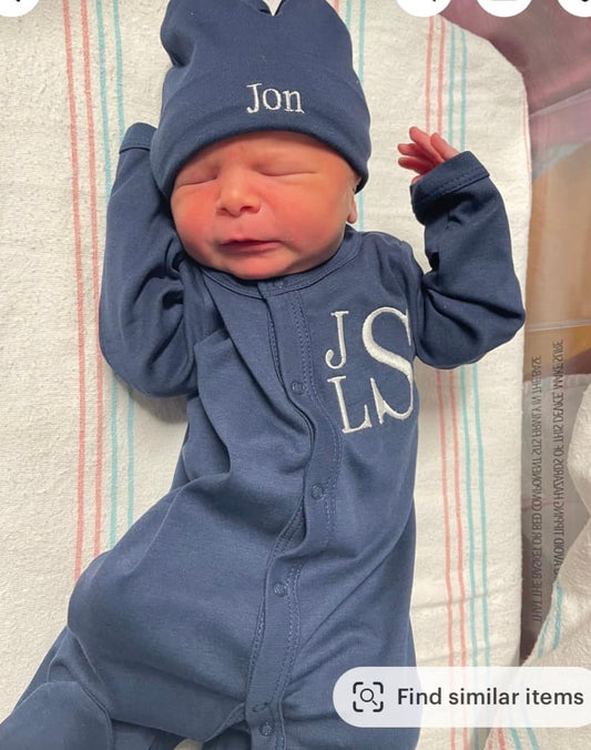 Newborn - Slate Blue Footie Sleeper & Hat Set