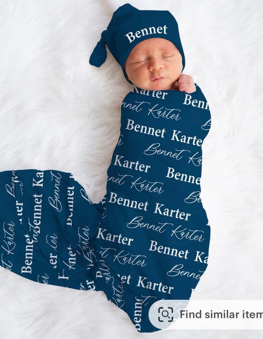 Navy Name Swaddle & Hat