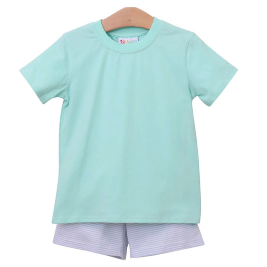 6 Months - Mint Green Shirt & Stripes Shorts Set