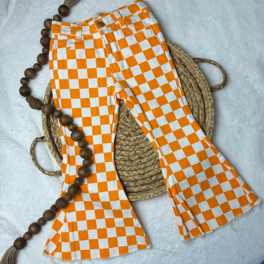 Orange & White Checkered Denim Pants