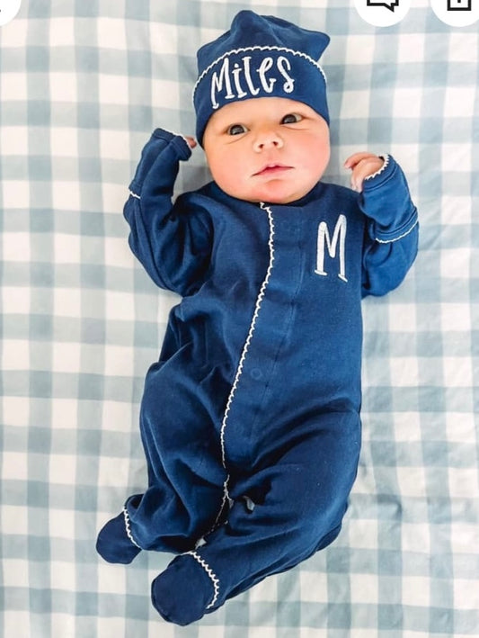 0/3m -  Navy Blue Footie & Hat Set